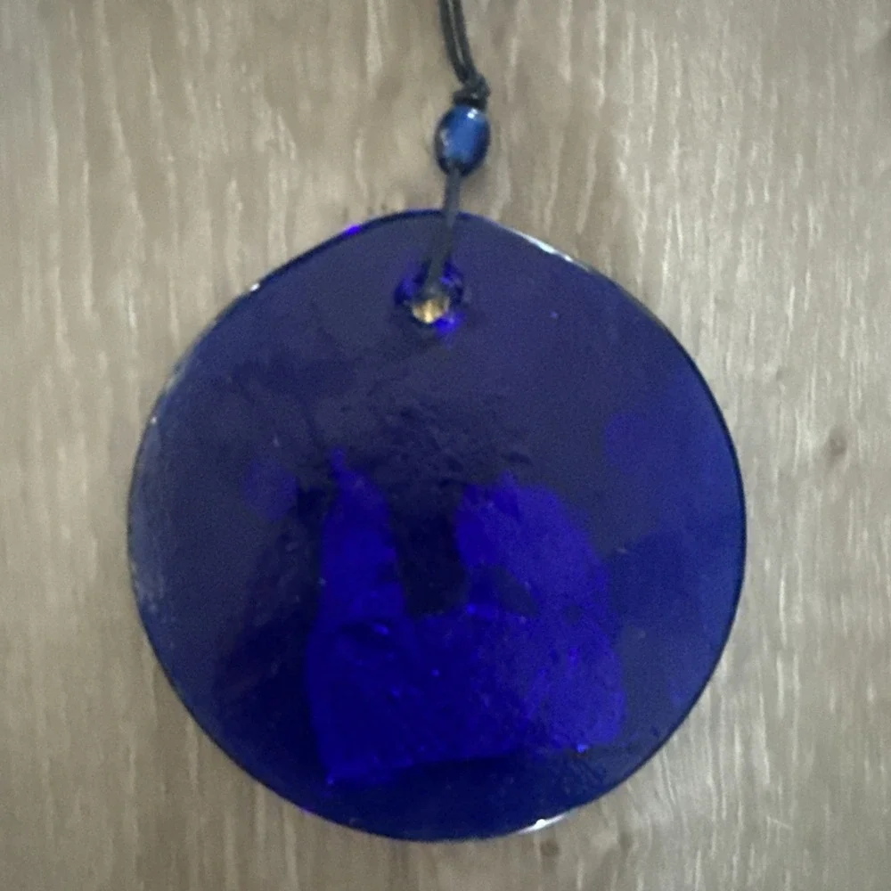 Blue glass silver tone Mother of God Mary and Jesus Christ Icon wall hanger 4.5